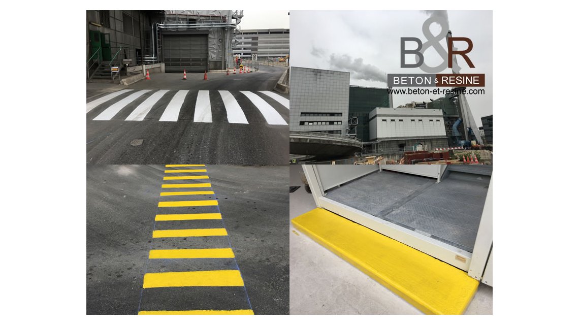 Chantier réalisé à IVRY-SUR-SEINE (94) pour le SYCTOM Réalisation de la deuxième partie du chantier en résine méthacrylate avec un séchage rapide afin de ne pas bloquer la circulation des véhicules : - marquage de sécurité pour les piétons - marquage d'une marche en béton pour la sécurité des ouvriers du chantier   