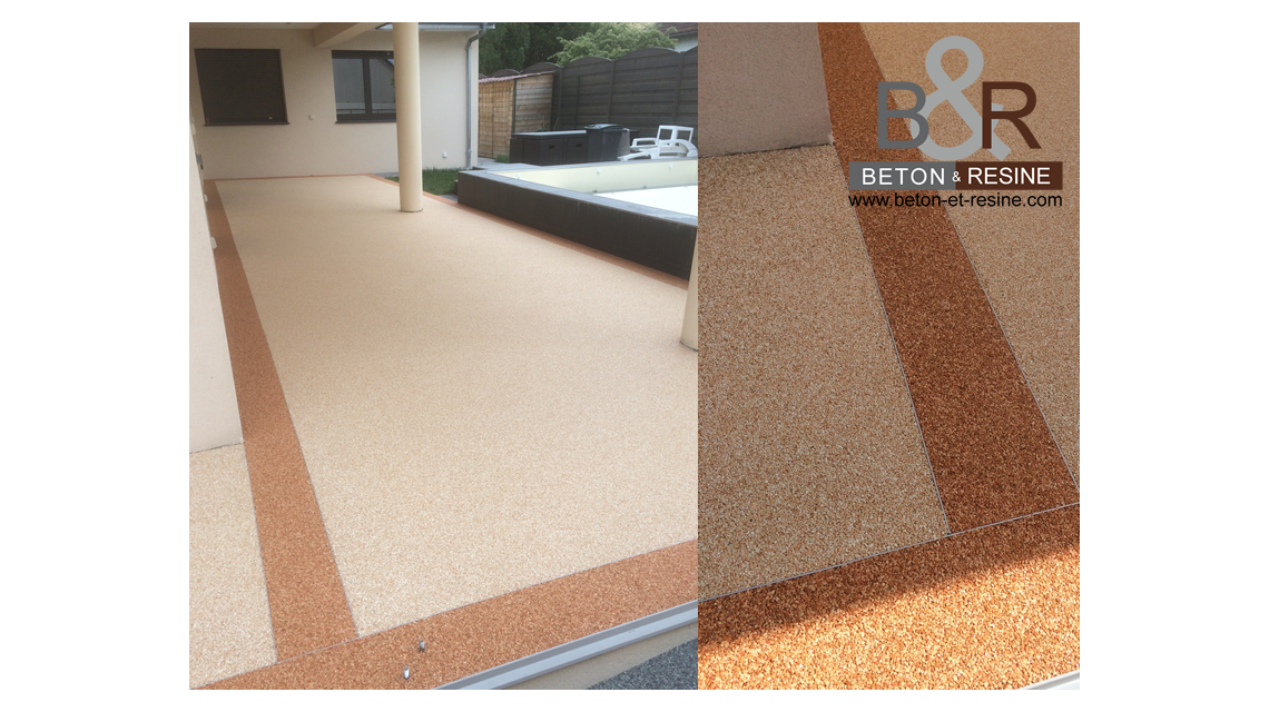 Chantier chez un particulier dans l'Essonne (91). Mise en place d'un tapis de pierre sur toutes les voies de circulation et d'accès de la maison et application d'un tapis de pierre orange et rosé sur la terrasse qui jouxte la piscine.  