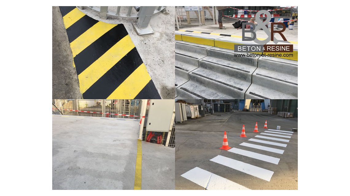 Nous avons réalisé différents marquages au sol et éléments de sécurité pour le SYCTOM (Porte d'Ivry à Paris). - zebra jaune et noir anti-dérapant - création de nez de marche antidérapant en résine - ligne jaune de sécurité - passage clouté Nous avons utilisé une résine méthacrylate à séchage rapide pour ne pas stopper la circulation.  