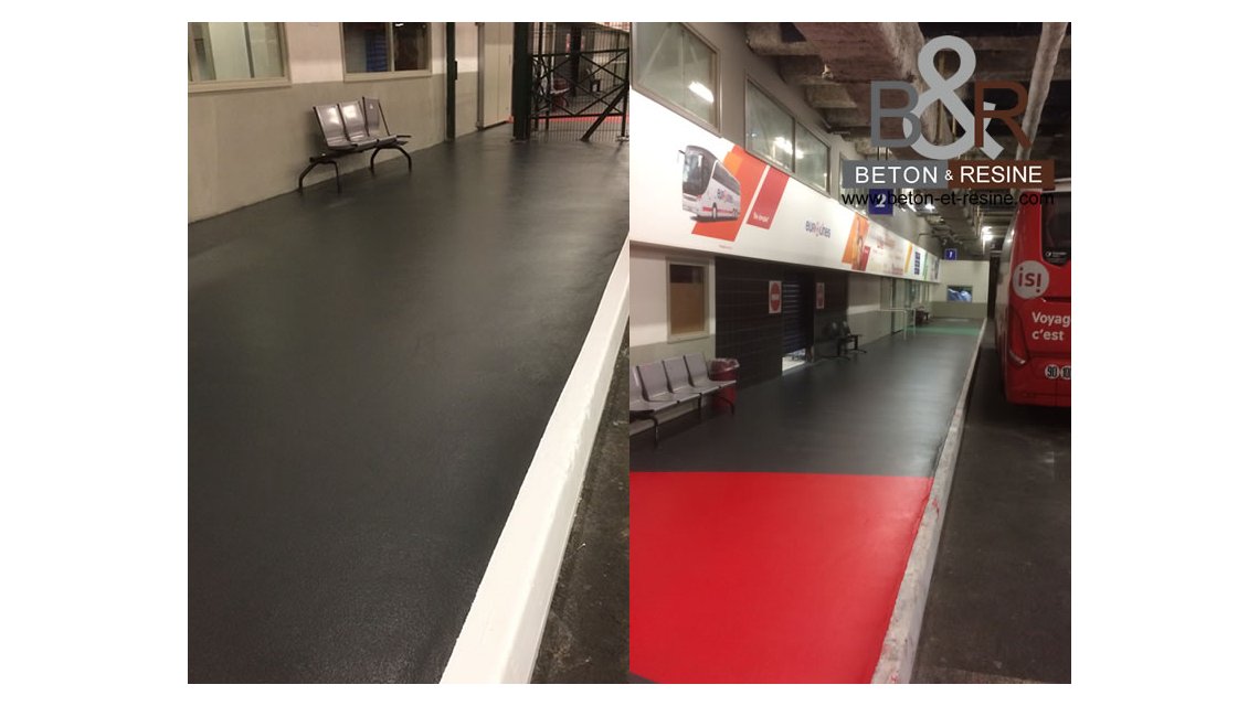 Chantier pour la gare internationale d'Eurolines à Bagnolet (94) : - Traitement des chemins piétonniers de la gare routière Eurolines. - Création d'un sol en résine antidérapante avec des zones de couleurs qui rappelle la couleur du logo (rouge/vert/orange/bleu). Le chantier s'est effectué de nuit, avec l'application d'une résine méthacrylate qui permet une remise en service immédiate des lieux.  