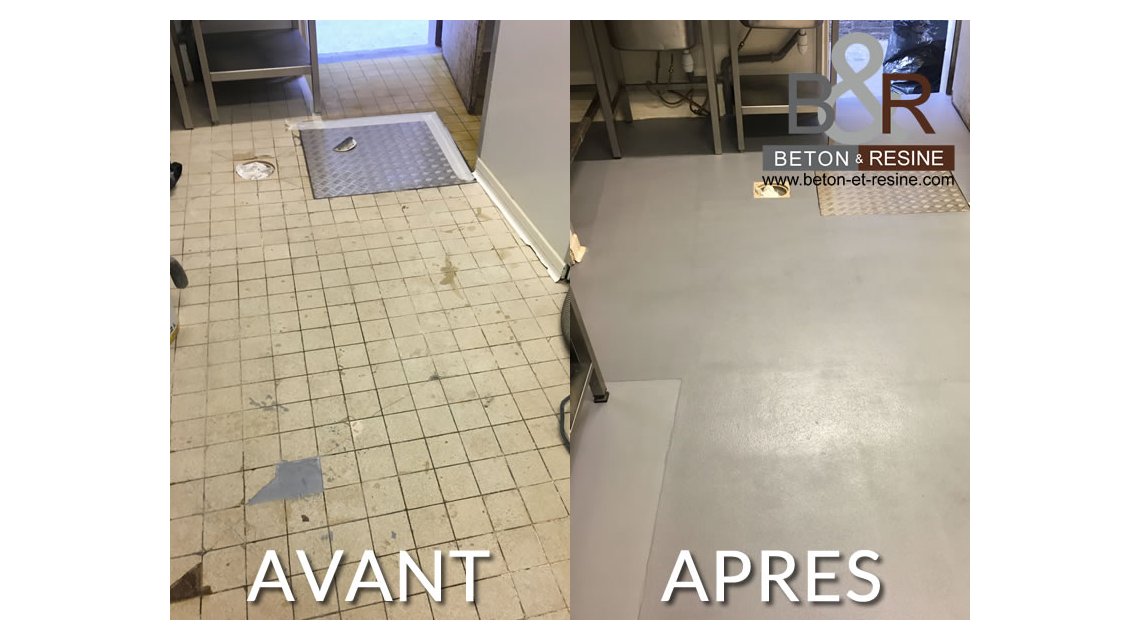 Application d'une résine anti-dérapante pour un restaurant à Rouen (76) Le carrelage dégradé a été dégraissé et poncé. Nous avons appliqué une résine anti-dérapante sans joint ainsi qu'une résine lisse dans certains espaces pour faciliter l'entretien  