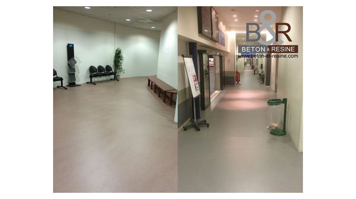 Pose d'une résine quartzée méthacrylate sur du carrelage pour la gare routière internationale d'Eurolines à Bagnolet sur une surface de 640 m2. Après préparation mécanique du support, nous avons appliqué une résine à prise rapide avec une dureté optimale obtenue seulement 2 heures après la pose, chaque zone a du être réalisée en une seule nuit, pendant la fermeture de la Gare (de minuit à 6H00).  