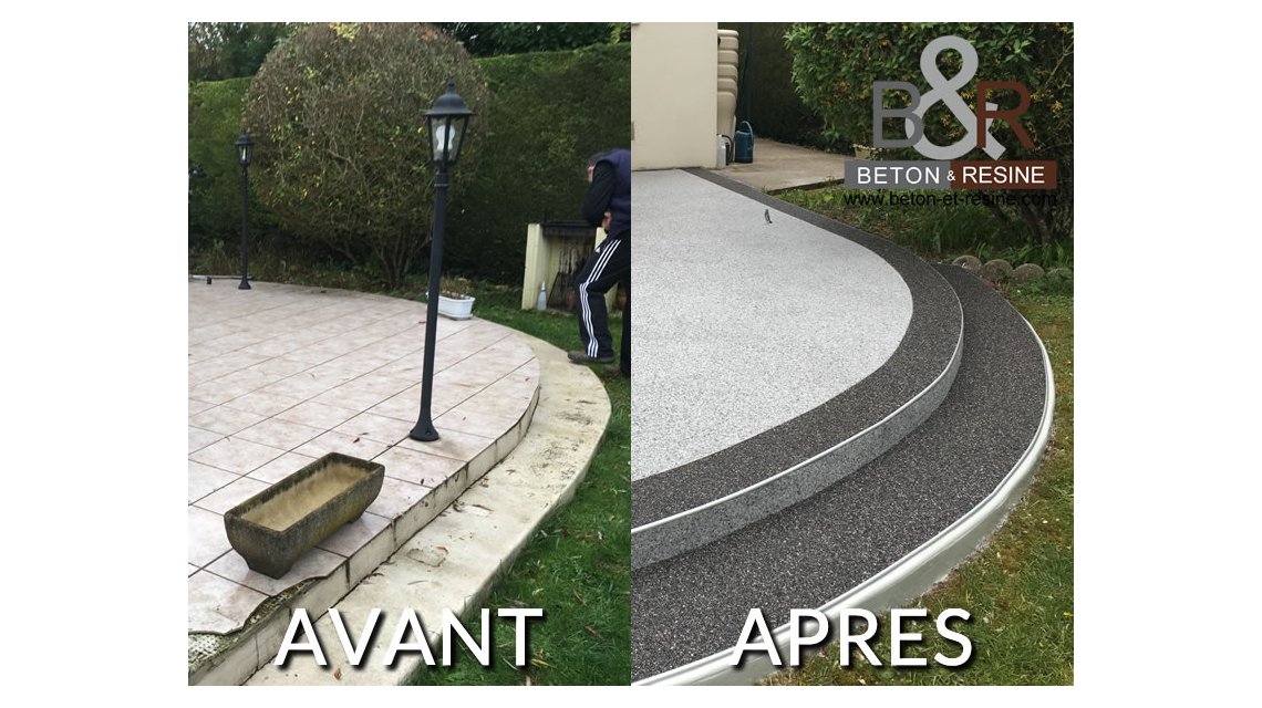 TAPIS DE MARBRE / TAPIS DE PIERRE Après avoir retiré le carrelage qui n'était plus adhérent à la dalle béton, nous avons appliqué un tapis de pierre en granulat de marbre naturel. Coloris Gris clair et gris ardoise  