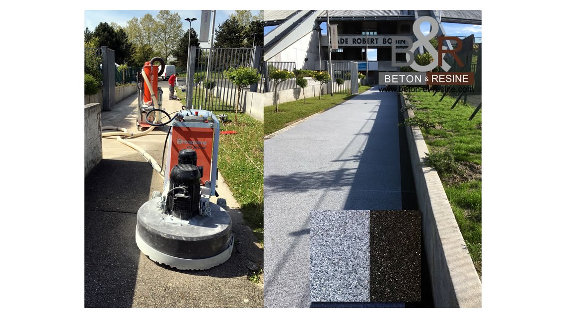 STADE ROBERT BOBIN - BONDOUFLE (91) Rénovation d'une vieille dalle béton par l'application d'un tapis de marbre. Après un important ponçage effectué par un de nos équipements “industriel”, nous avons appliqué notre tapis de marbre en deux couleurs sans oublier le traitement des joints par l'application d'un joint polyuréthane en deux couleurs.  