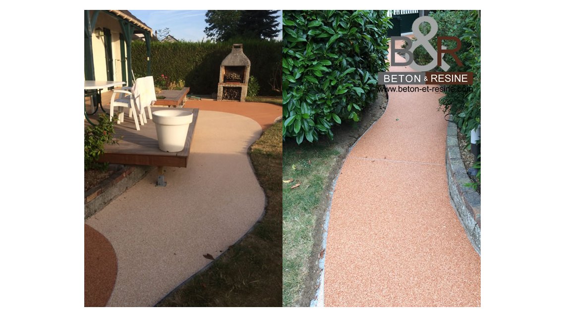 Mise en place d'un tapis de pierre chez un particulier à Évry-Grégy-sur-Yerre (77), avec le respect des courbes existantes de la terrasse et la création de vagues. Les couleurs sont en harmonie avec la terrasse en bois.  