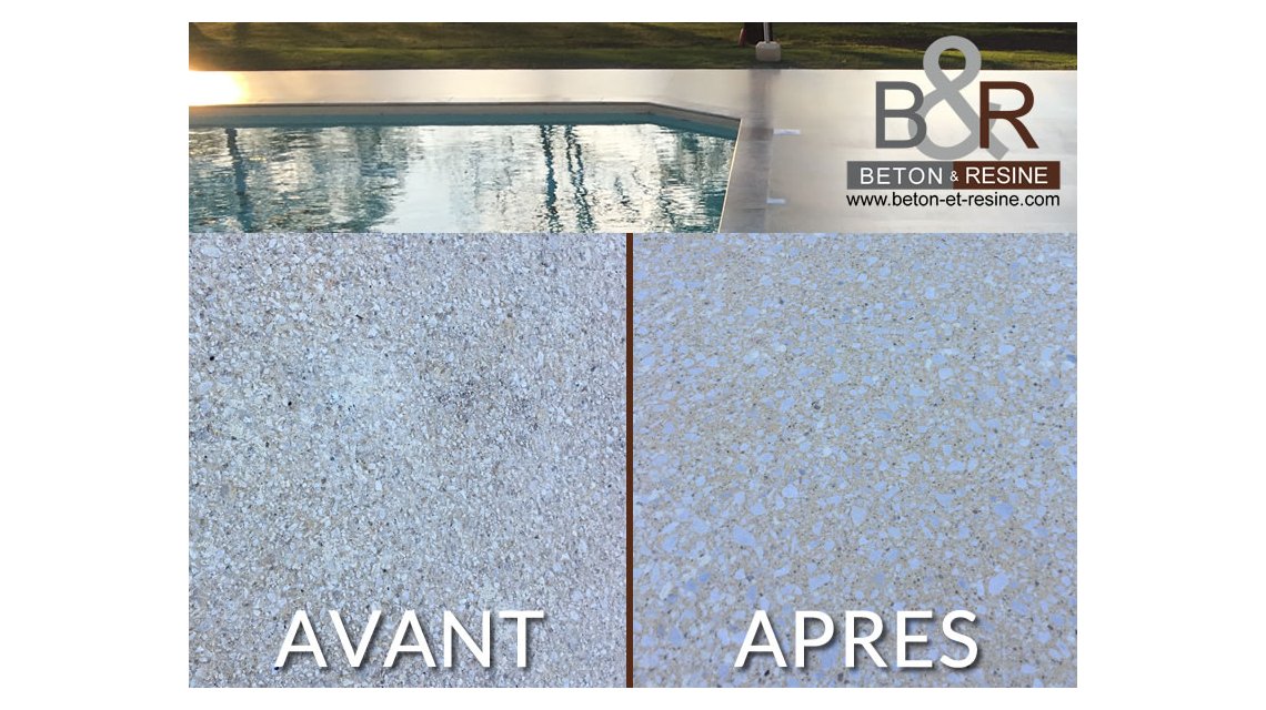 Projet réalisé pour un particulier en Dordogne Le client a fait réaliser une dalle en béton désactivé, pas du tout adaptée pour un tour de piscine. Nous avons donc poncé le sol afin de rendre la surface plus lisse et retrouver une bonne planéité. Le béton a ensuite été protégé par 3 couches de vernis. Les enfants peuvent à nouveau jouer et marcher autour de la piscine sans crainte de se blesser les pieds.  