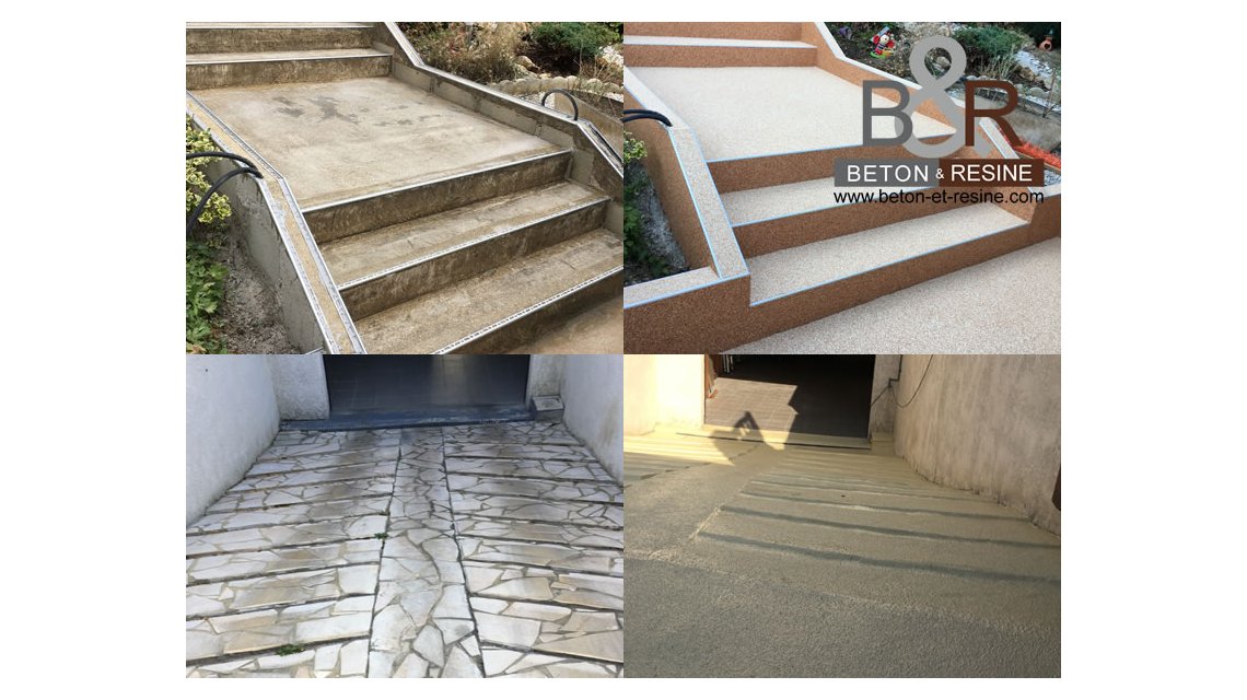 Deux chantiers en un à Crosne (91) pour un particulier : -Habillage d'un escalier et de ses bordures en 2 couleurs en tapis de marbre. -Traitement d'une descente de garage en résine extrêmement antidérapante  