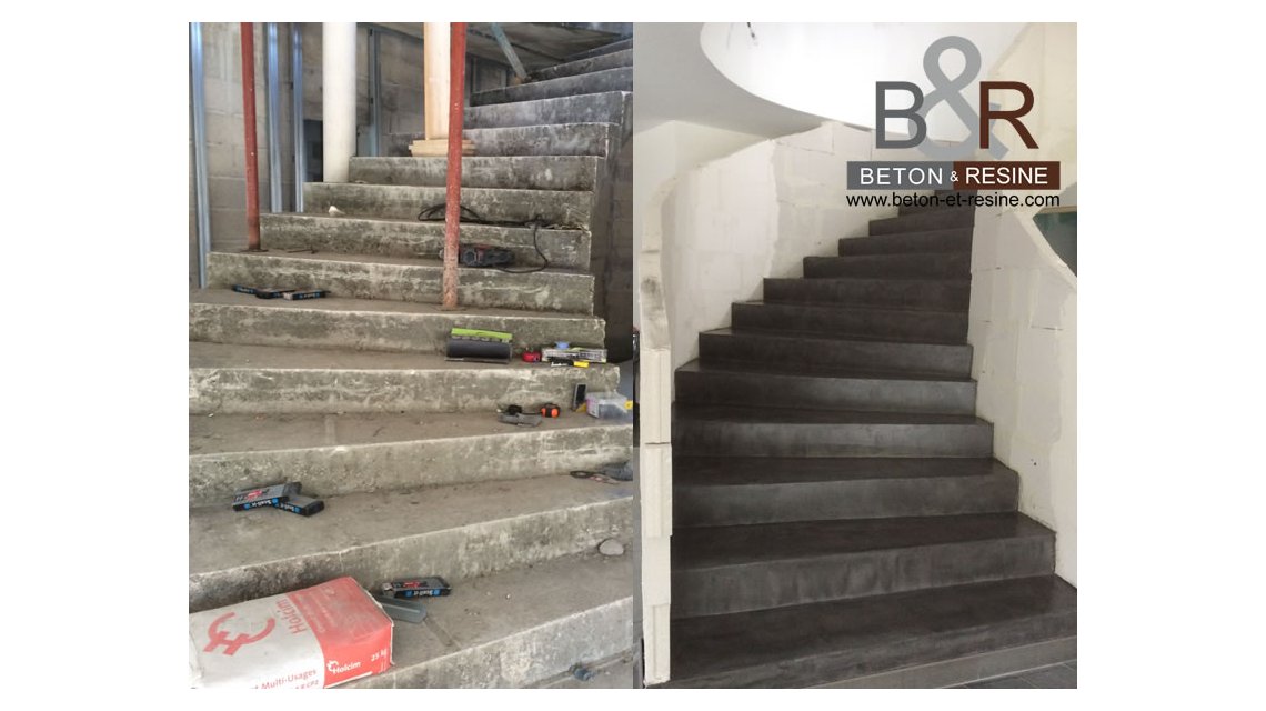Ce chantier consistait dans la mise en place d'un béton ciré millimétrique sur un escalier en béton brut à Ormesson sur Marne (94).  