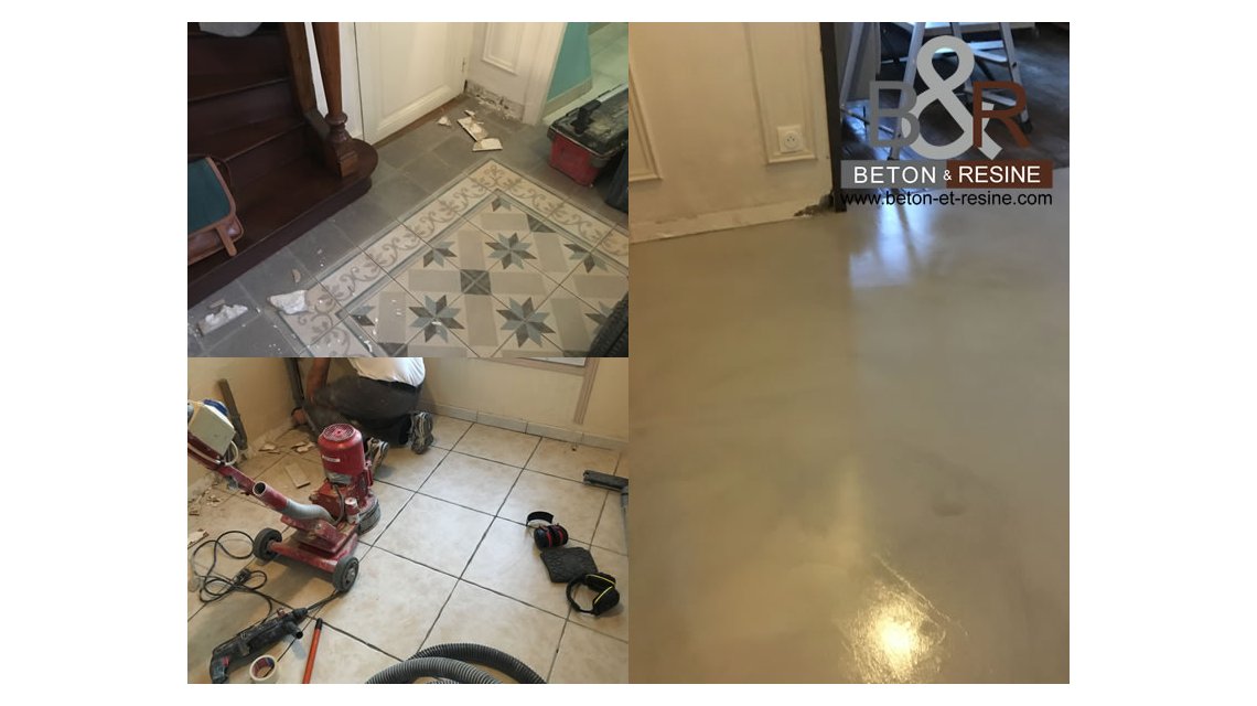 La maison disposait de 3 types de sol : 2 carrelages et un carreau de ciment. Après remise à niveau des sols, nous avons appliqué sur les 3 surfaces différentes un béton ciré pour donner une uniformité  