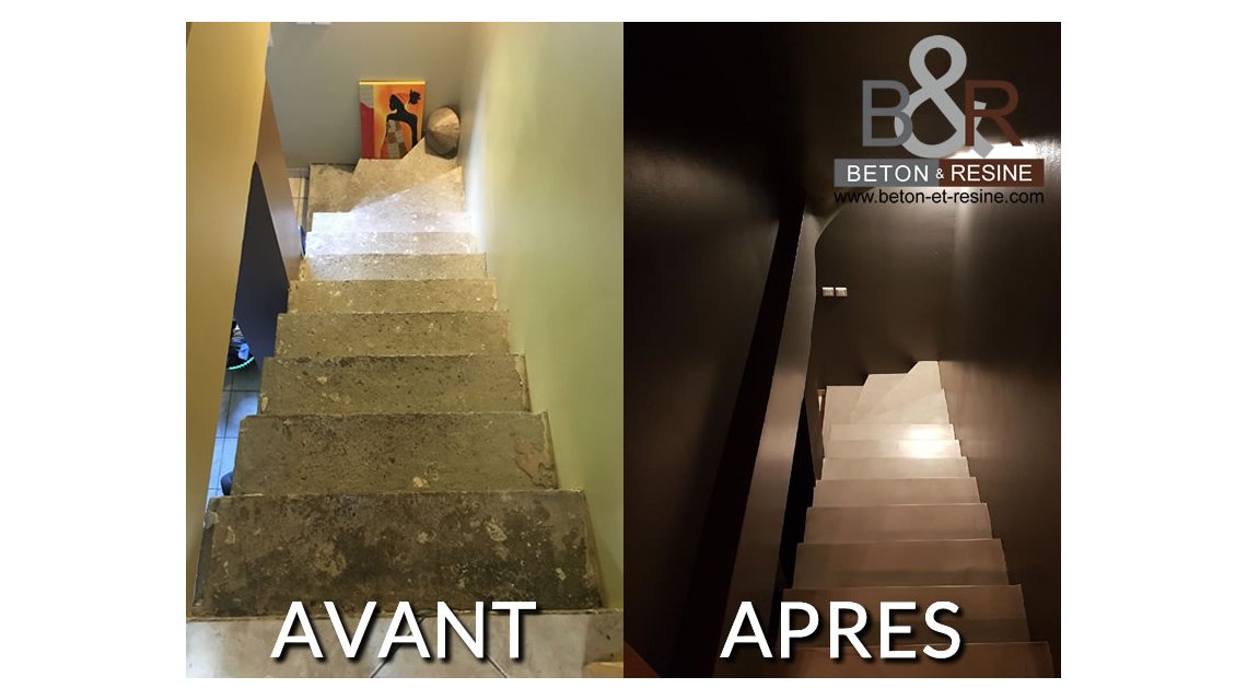 Chantier réalisé par Béton & Résine pour un particulier à Orly (94310). Exemple de réalisation avec du béton ciré pour un escalier.  