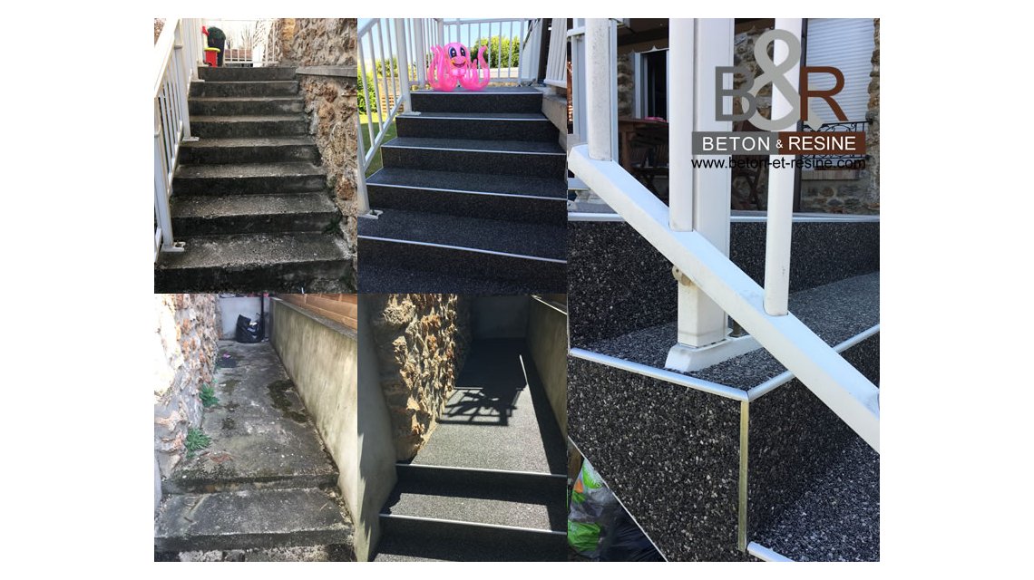 Chantier de tapis de marbre chez un particulier à Orly (94). Nous avons préparé le support très vétuste dans différentes zones extérieures de la maison, pour ensuite appliquer un tapis de marbre gris anthracite qui redonne du cachet à la maison.  