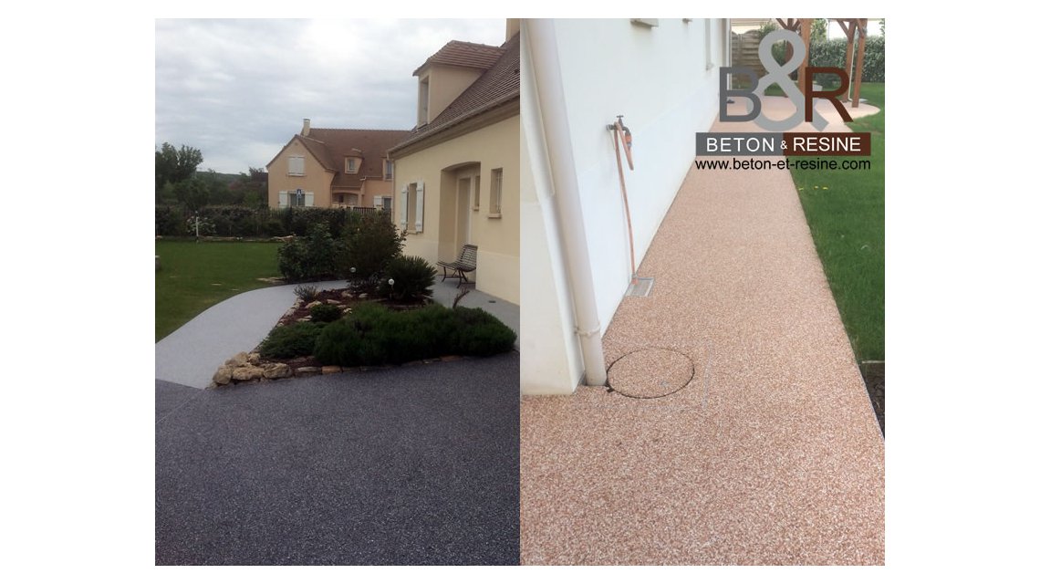 Réalisation d'un tapis de pierre, sur une terrasse en béton lavée (désactivée), sur laquelle nous avons appliquée un tapis de pierre gris clair et gris foncé ainsi qu'un rosé moucheté sur la terrasse arrière.  