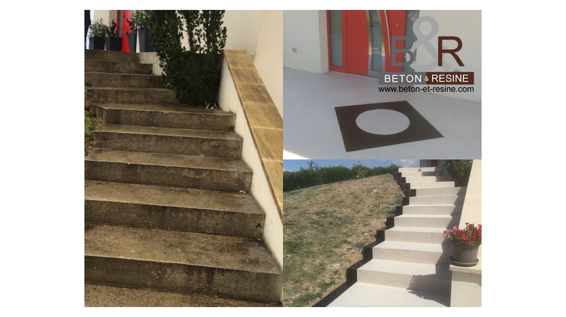Chantier chez un particulier à Voulangis 77 : recouvrement extérieur en résine quartz color avec création d'une bordure et création d'un dessin rappelant le hublot de l'entrée.  