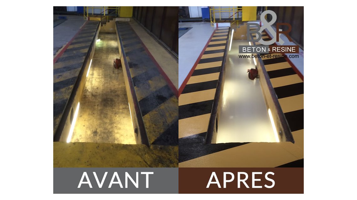 Chantier réalisé à Sainte-Geneviève-des-Bois (91) pour CEAT Transdev dans un atelier de réparation d'autobus (1400 m2). Création d'un sol en résine époxy semi-lisse anti-dérapante, avec marquage de sécurité pour les fosses. Travaux réalisés par phasage pour ne pas gêner l'activité de l'atelier.  